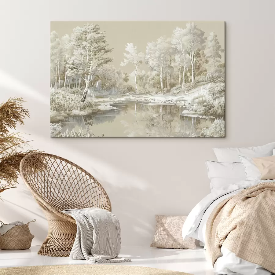 murales de pared Hermoso paisaje forestal, estanque y árboles, colores beige y blanco. s39979