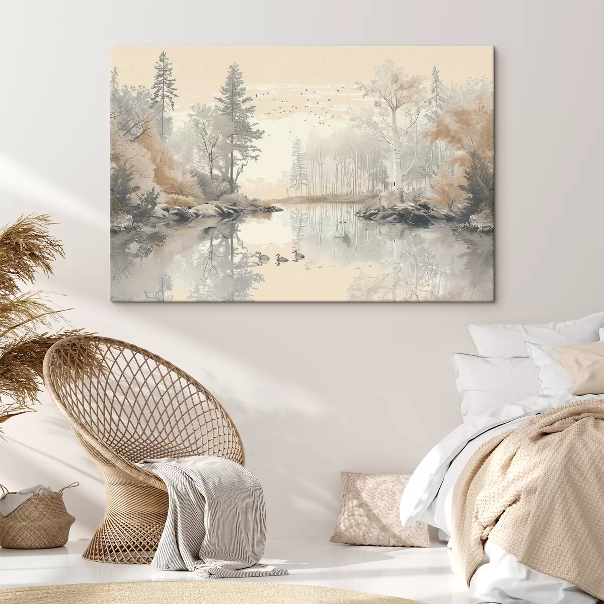 murales de pared Hermoso paisaje natural, estanque y árboles, vida silvestre, suaves colores pastel. s39980