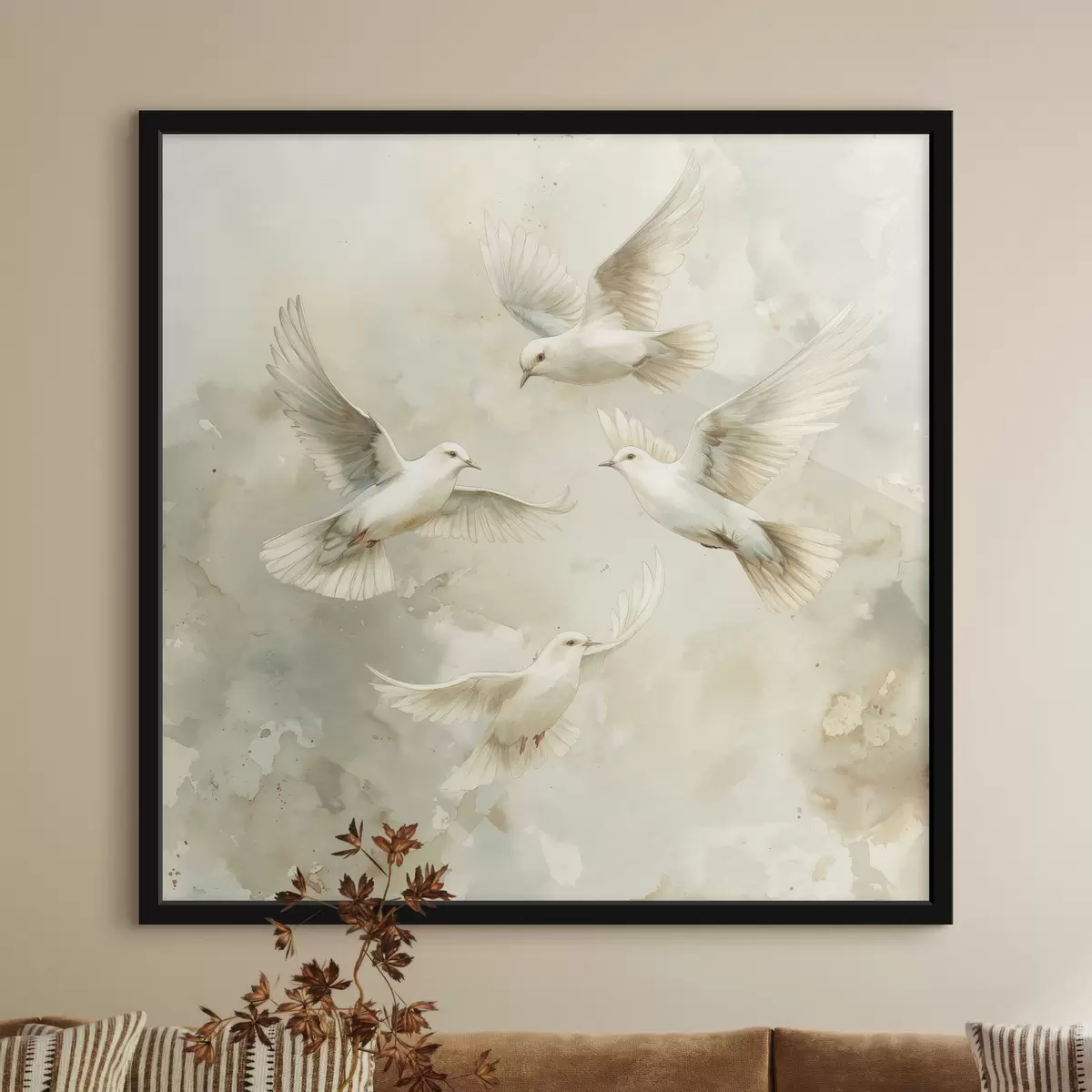 Poster Acuarela pájaros volando, delicados colores beige y blanco, palomas f39976