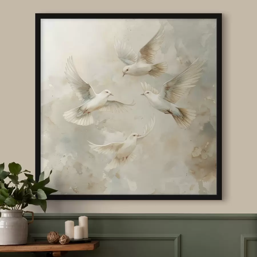 murales de pared Acuarela pájaros volando, delicados colores beige y blanco, palomas f39976