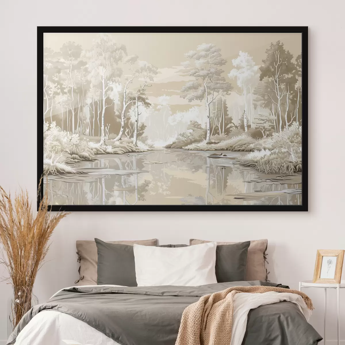 Poster Hermoso paisaje forestal, suaves colores pastel, beige y blanco. f39978