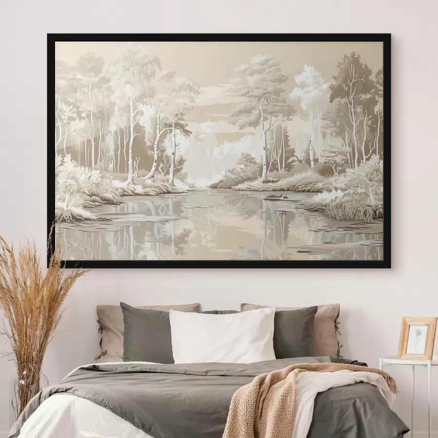 murales de pared Hermoso paisaje forestal, suaves colores pastel, beige y blanco. f39978