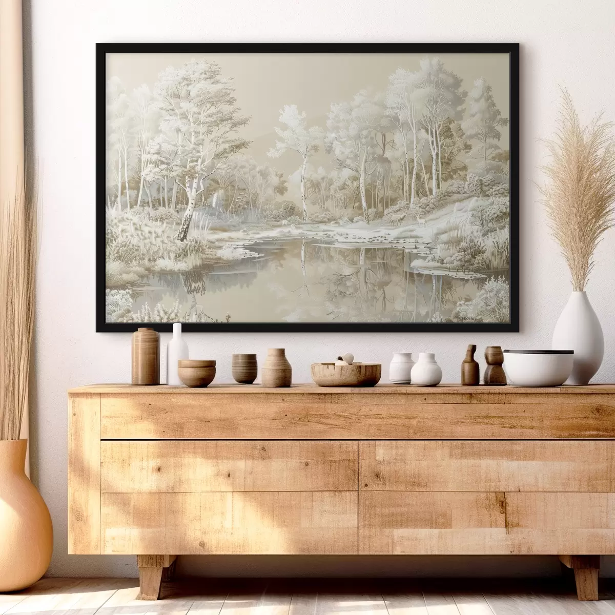 Poster Hermoso paisaje forestal, estanque y árboles, colores beige y blanco. f39979