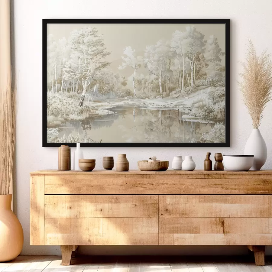 murales de pared Hermoso paisaje forestal, estanque y árboles, colores beige y blanco. f39979