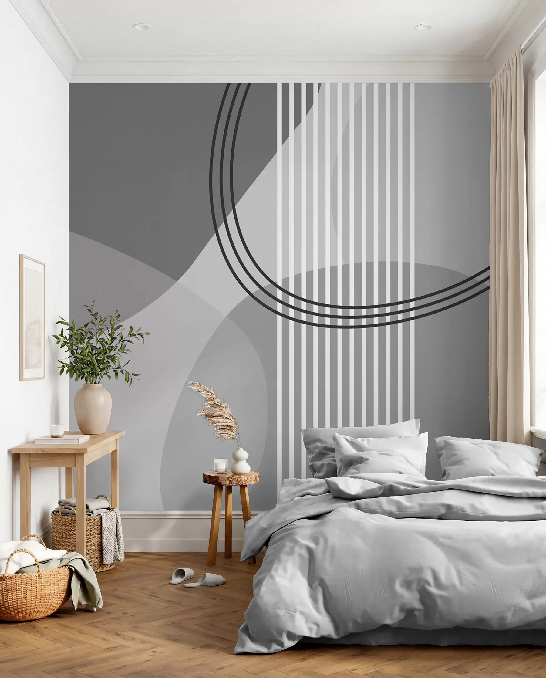 murales de pared Línea de abstracción geométrica y círculo minimalista estilo moderno color gris w08173v3