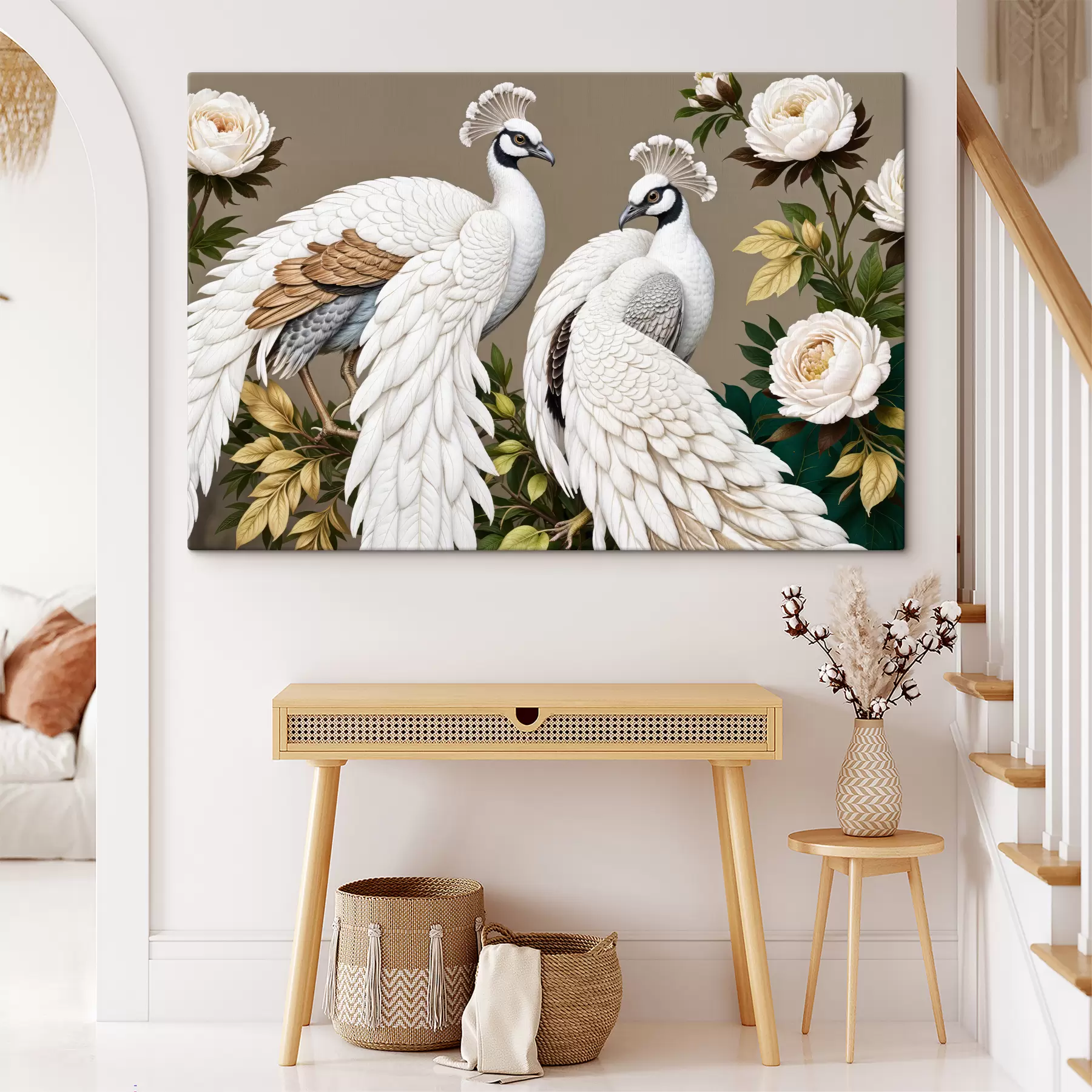 murales de pared Dos pavos reales blancos con plumas adornadas posados en una rama con flores. s40022
