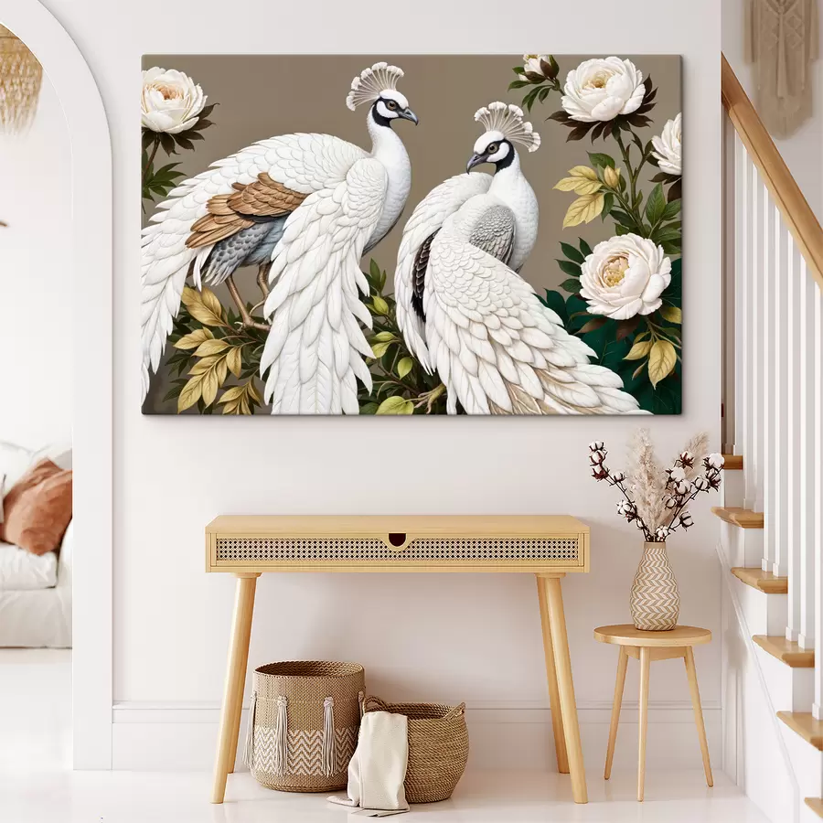 murales de pared Dos pavos reales blancos con plumas adornadas posados en una rama con flores. s40022