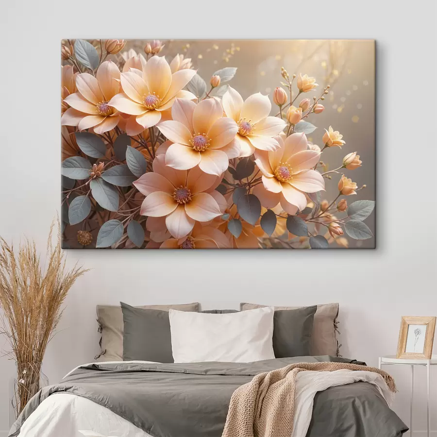 murales de pared Delicadas flores de dalia de color melocotón en plena floración, con pétalos suaves sobre un fondo borroso.  s40024
