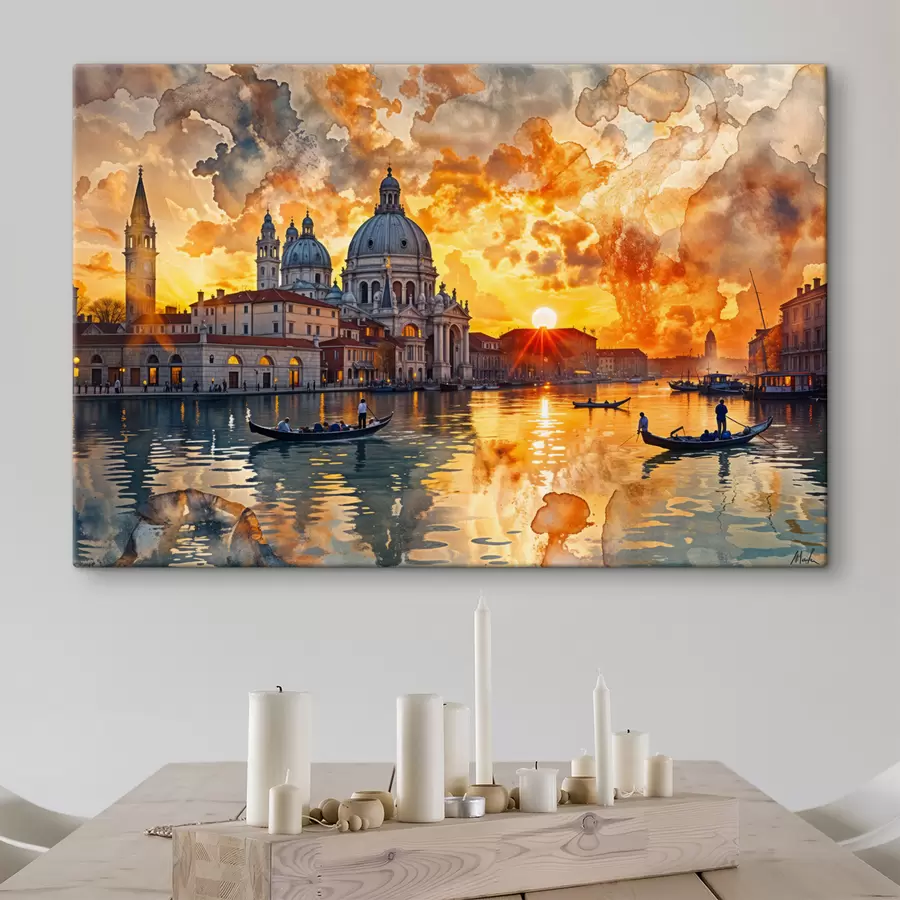 murales de pared Una puesta de sol colorida y dramática sobre el Gran Canal de Venecia, Italia, arte de acuarela s40027