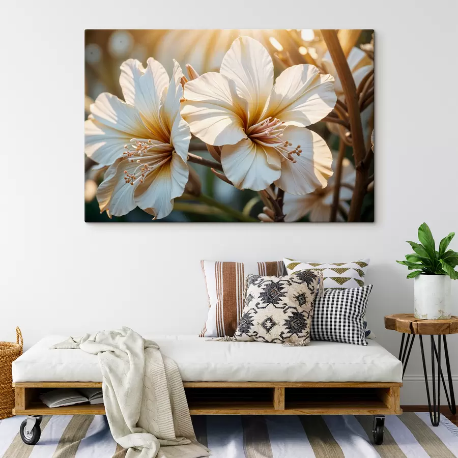 murales de pared Flores de hibisco blancas y naranjas en flor, con un fondo de enfoque suave s40035