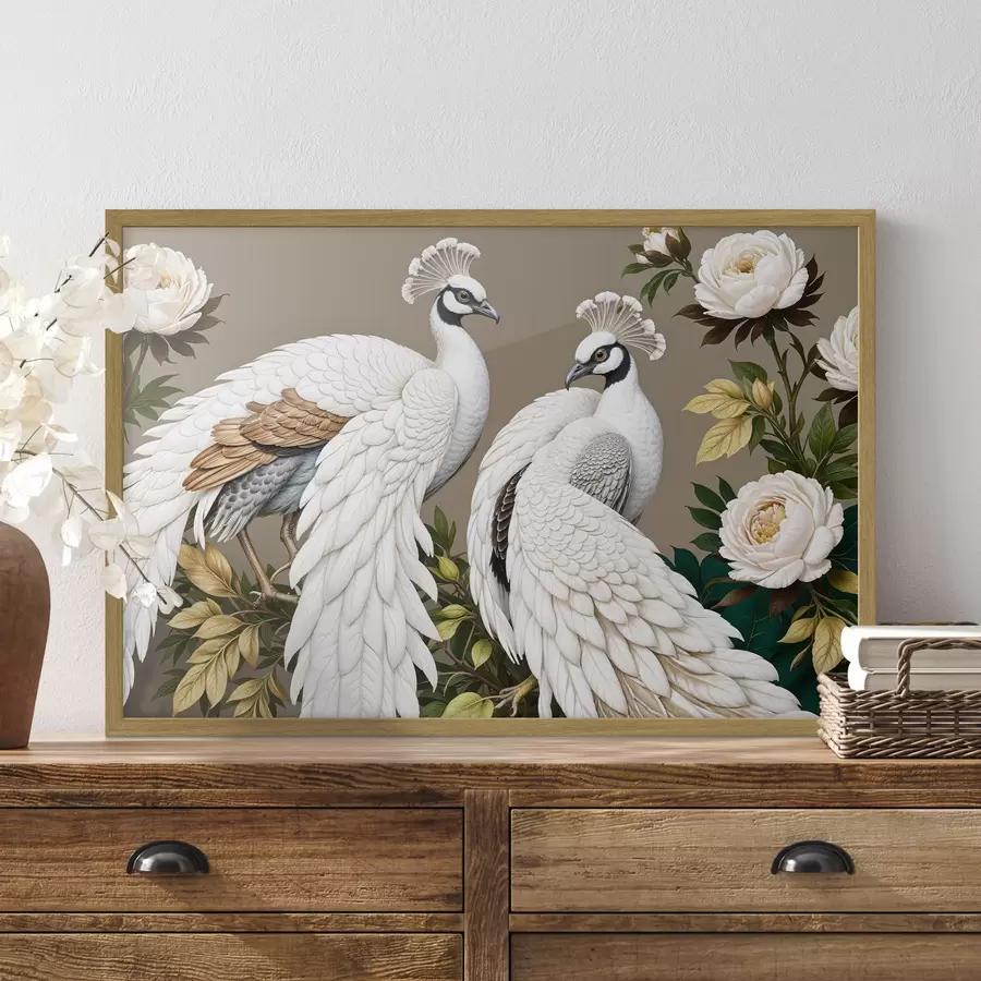 murales de pared Dos pavos reales blancos con plumas adornadas posados en una rama con flores f40022