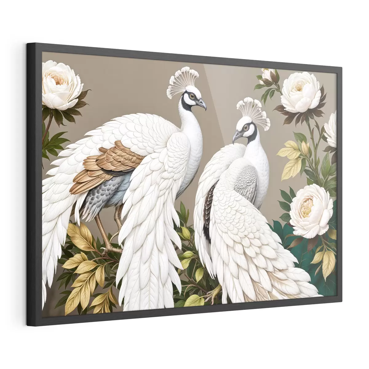 Poster Dos pavos reales blancos con plumas adornadas posados en una rama con flores f40022