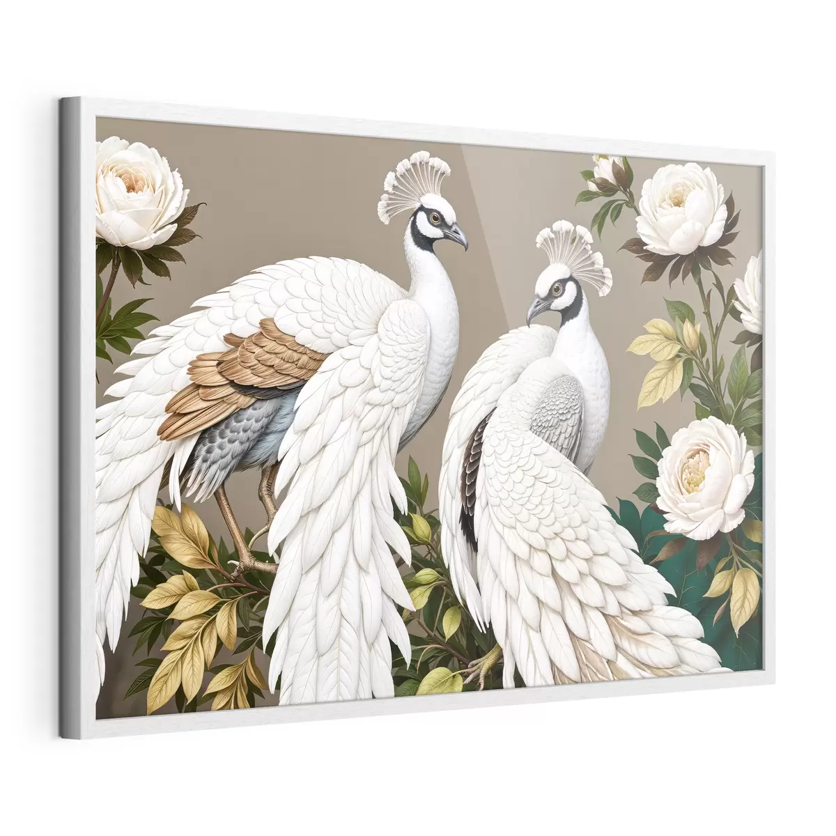 Poster Dos pavos reales blancos con plumas adornadas posados en una rama con flores f40022