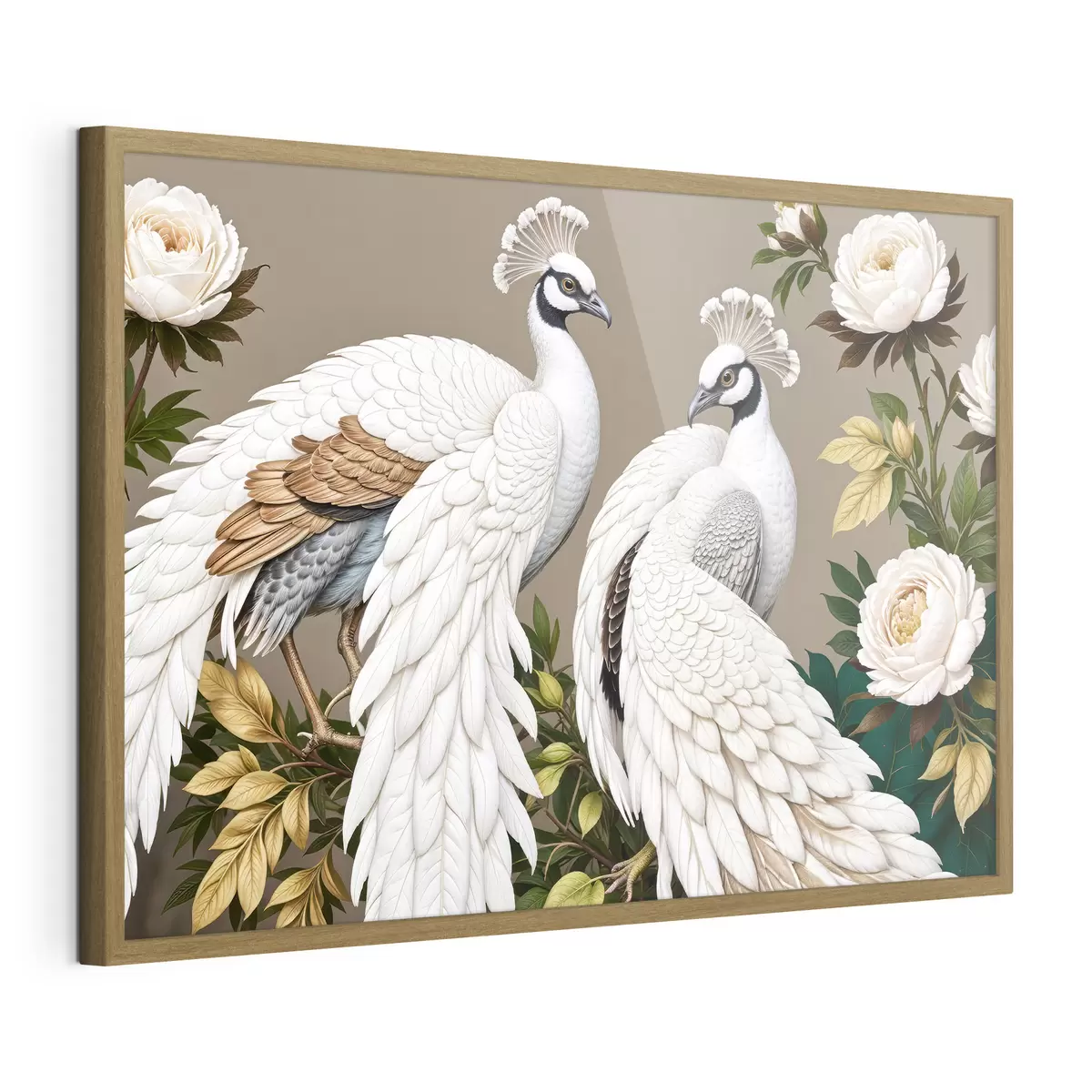 Poster Dos pavos reales blancos con plumas adornadas posados en una rama con flores f40022