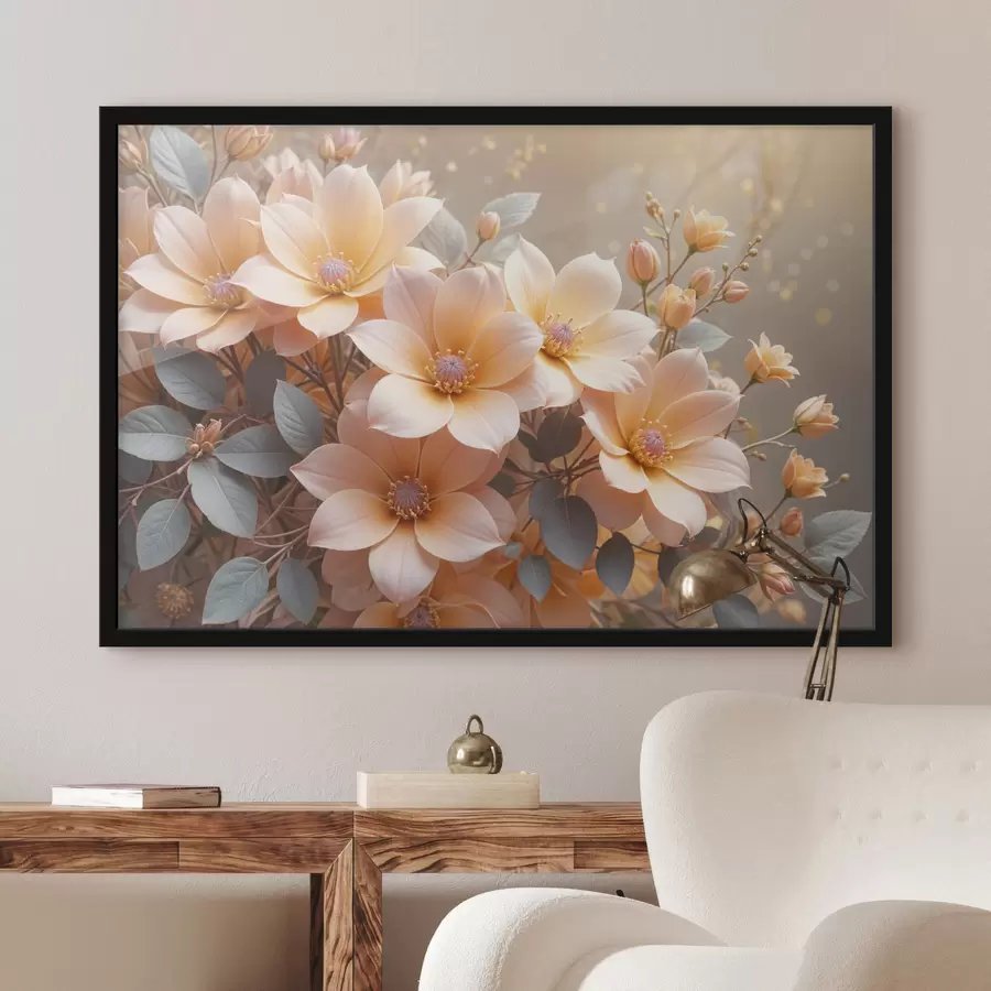 murales de pared Delicadas flores de dalia de color melocotón en plena floración, con pétalos suaves sobre un fondo borroso. f40024