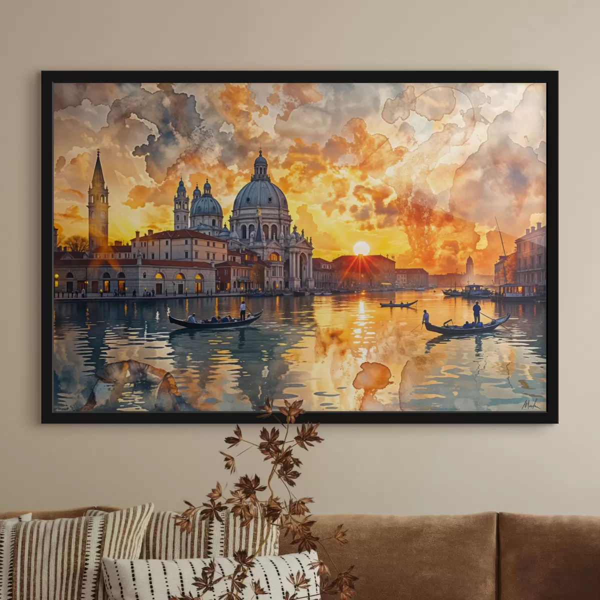 Poster Una puesta de sol colorida y dramática sobre el Gran Canal de Venecia, Italia, arte de acuarela f40027