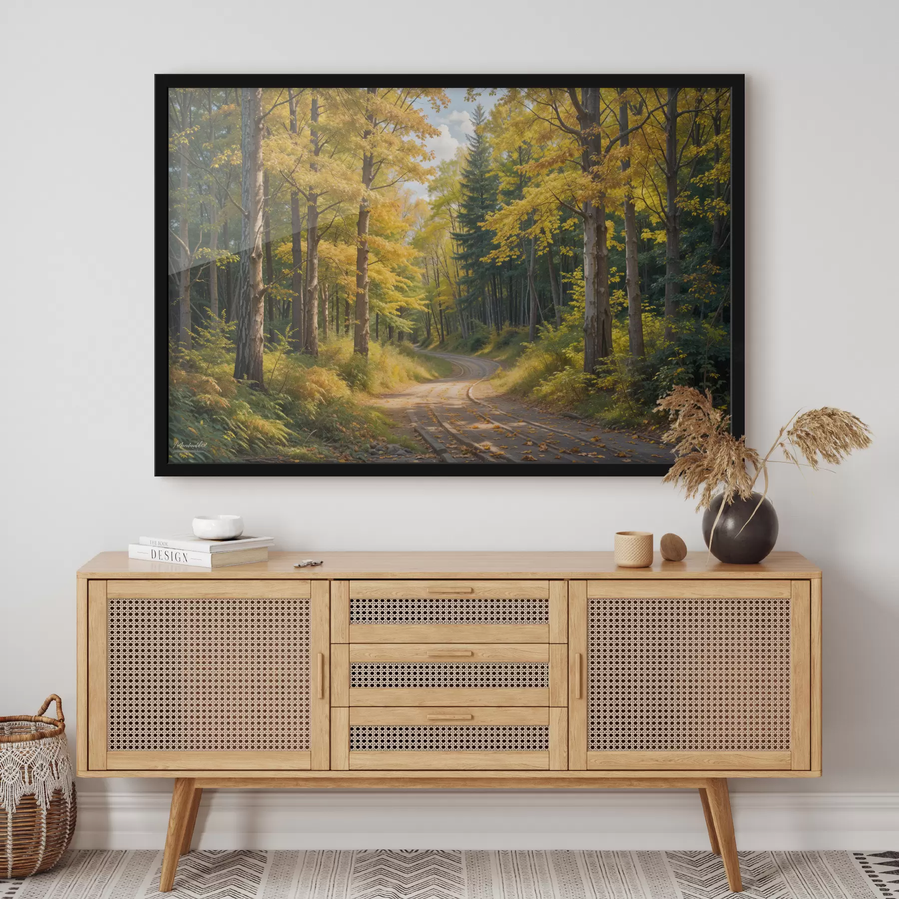 murales de pared Un camino de tierra que serpentea a través de un bosque en otoño, con árboles altos a ambos lados f40031