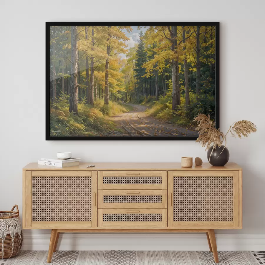 murales de pared Un camino de tierra que serpentea a través de un bosque en otoño, con árboles altos a ambos lados. f40031
