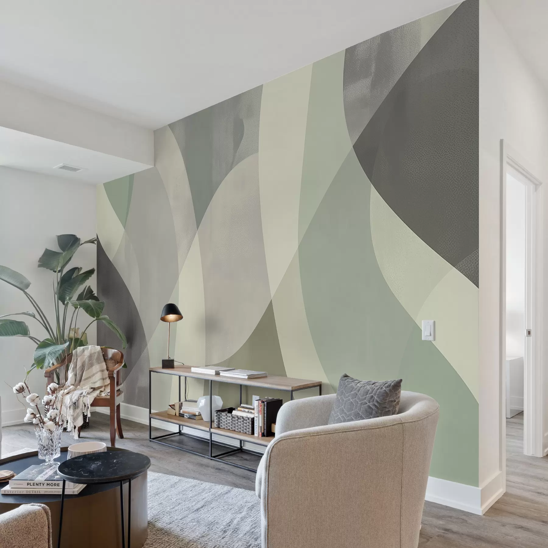 murales de pared Curvas suaves en tonos apagados con líneas fluidas y degradados verdes, minimalista y moderno w01334