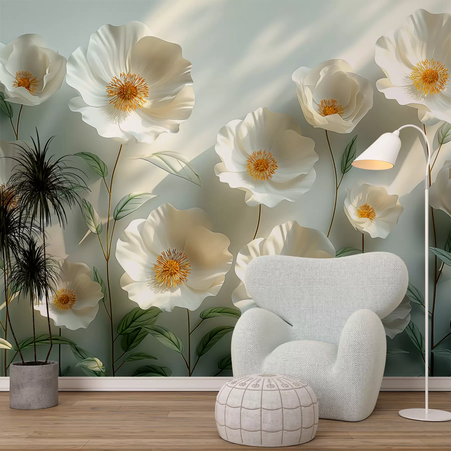 murales de pared Amapolas blancas contra una pared con luz solar y efecto 3D w01339