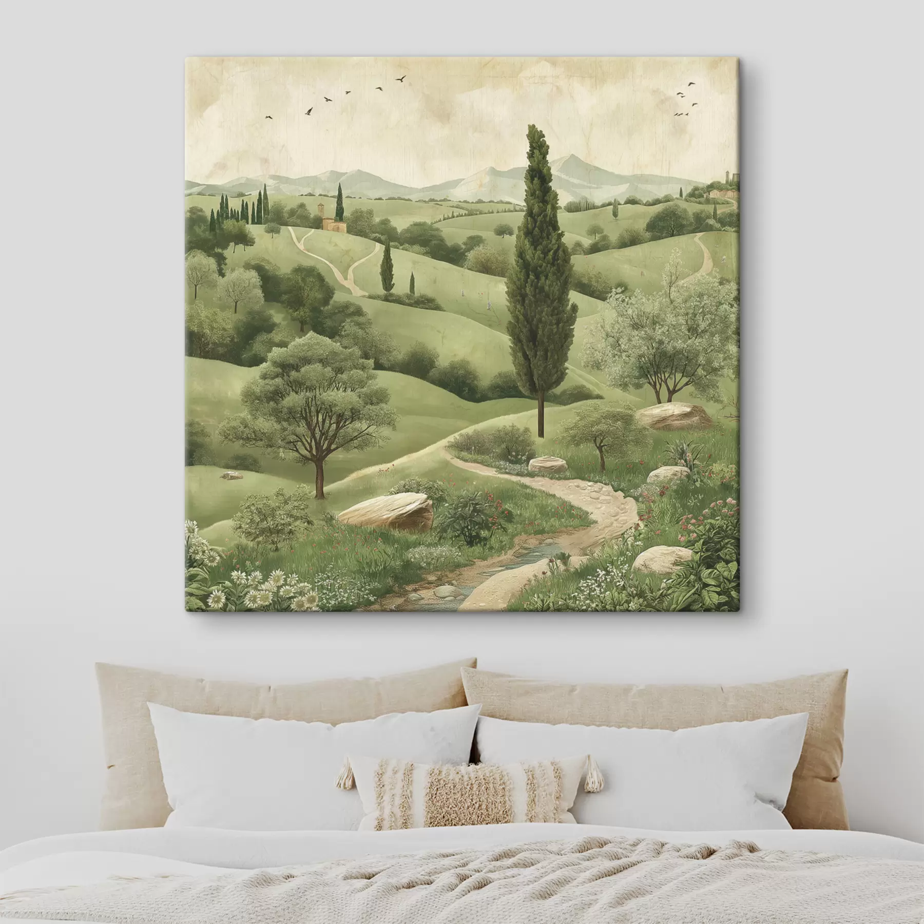 murales de pared Paisaje de la Toscana, estilo vintage, colores verde pastel, colinas y árboles s40075