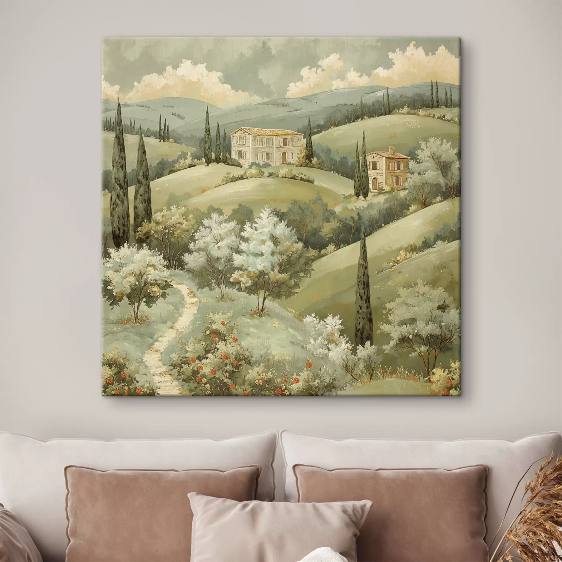 murales de pared Paisaje con casas vintage, colores verde pastel, dibujo acrílico, verano s40078