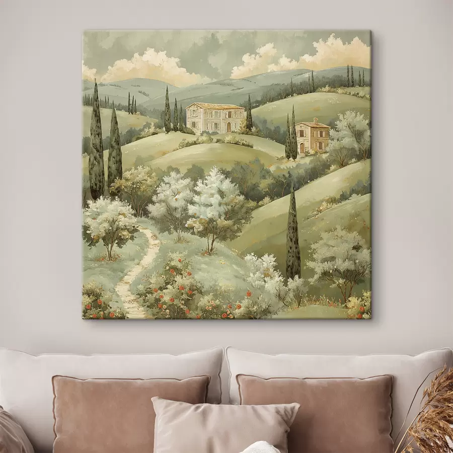 murales de pared Paisaje con casas vintage, colores verde pastel, dibujo acrílico, verano s40078