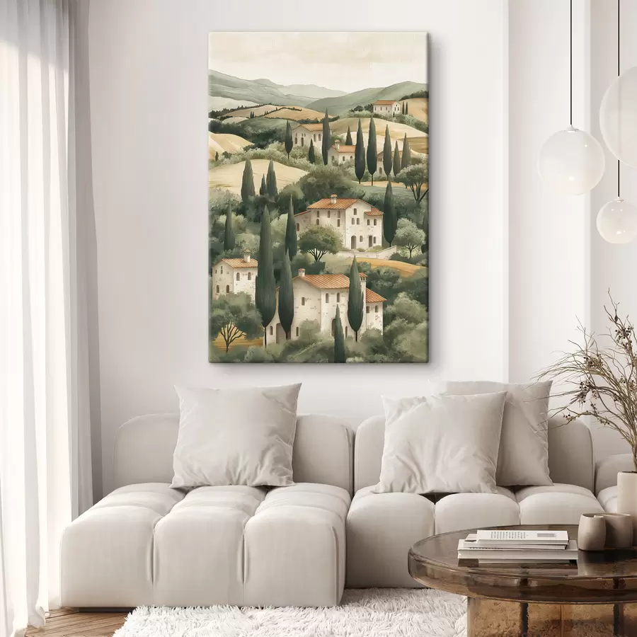 murales de pared Paisaje de la Toscana con casas antiguas, colores pastel, colinas y árboles, rústico. s40082