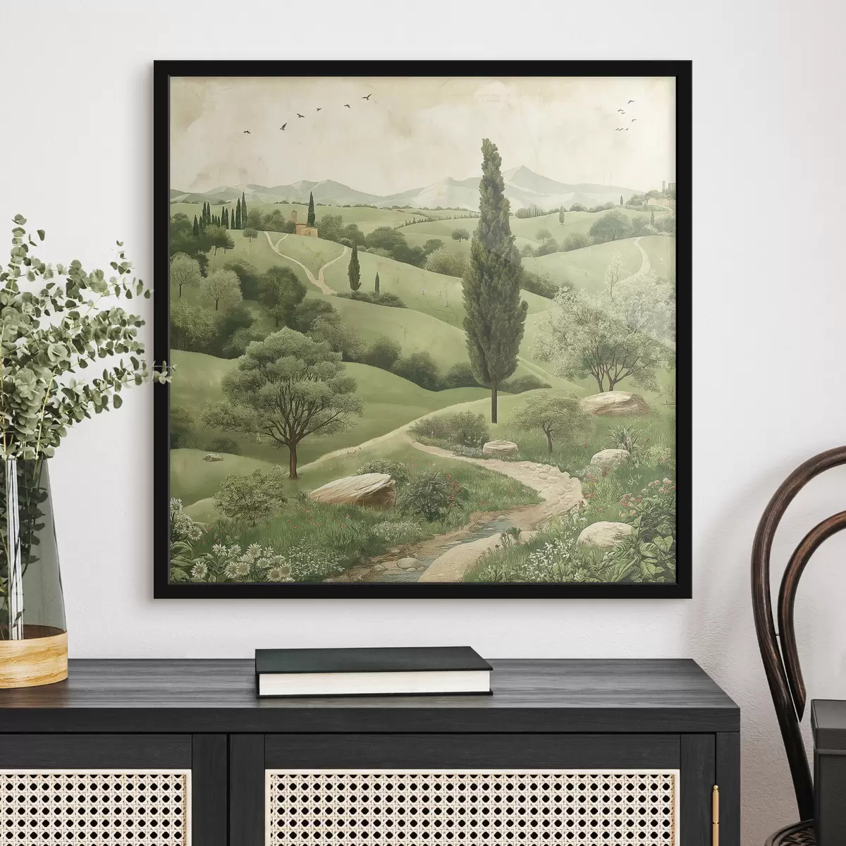Poster Paisaje de la Toscana, estilo vintage, colores verde pastel, colinas y árboles. f40075