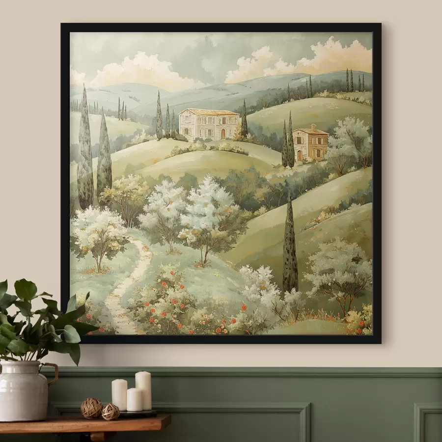 murales de pared Paisaje con casas vintage, colores verde pastel, dibujo acrílico, verano f40078