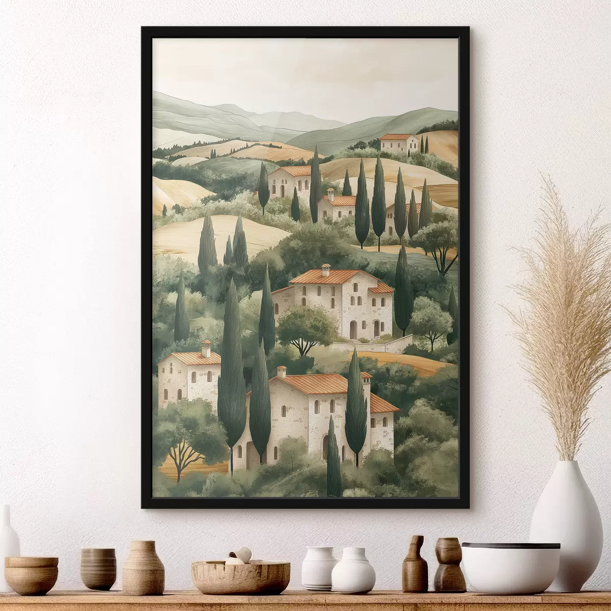 Poster Paisaje de la Toscana con casas antiguas, colores pastel, colinas y árboles, rústico. f40082
