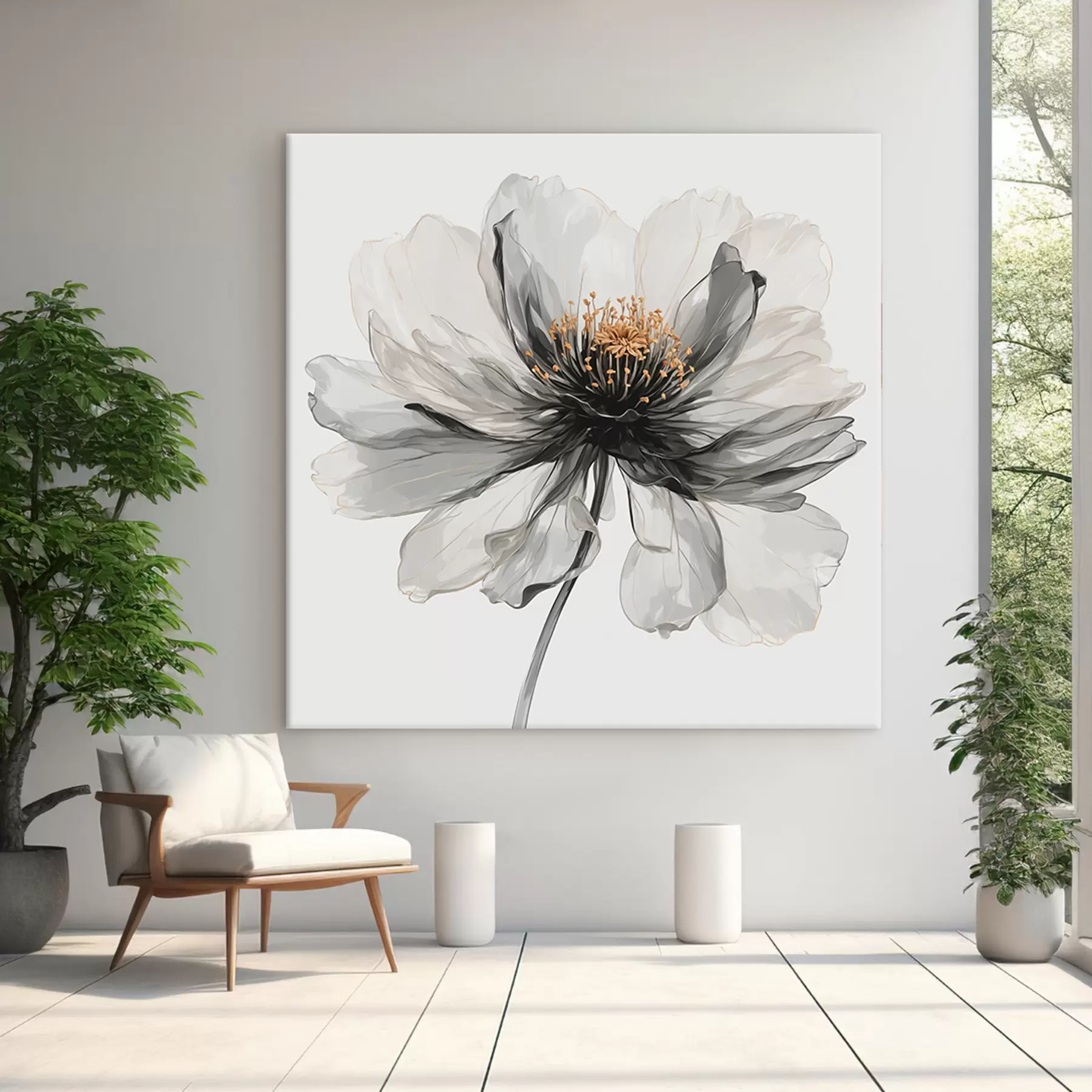 murales de pared Flor negra transparente sobre fondo blanco. s40066