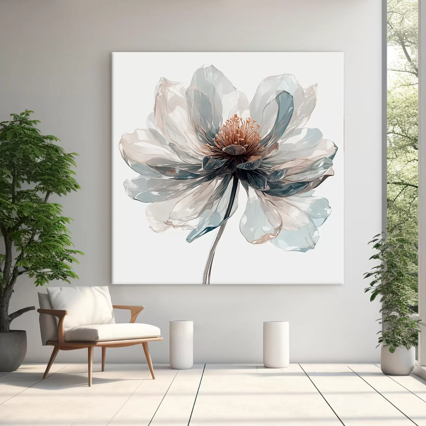 murales de pared Flor azul transparente sobre fondo blanco. s40067