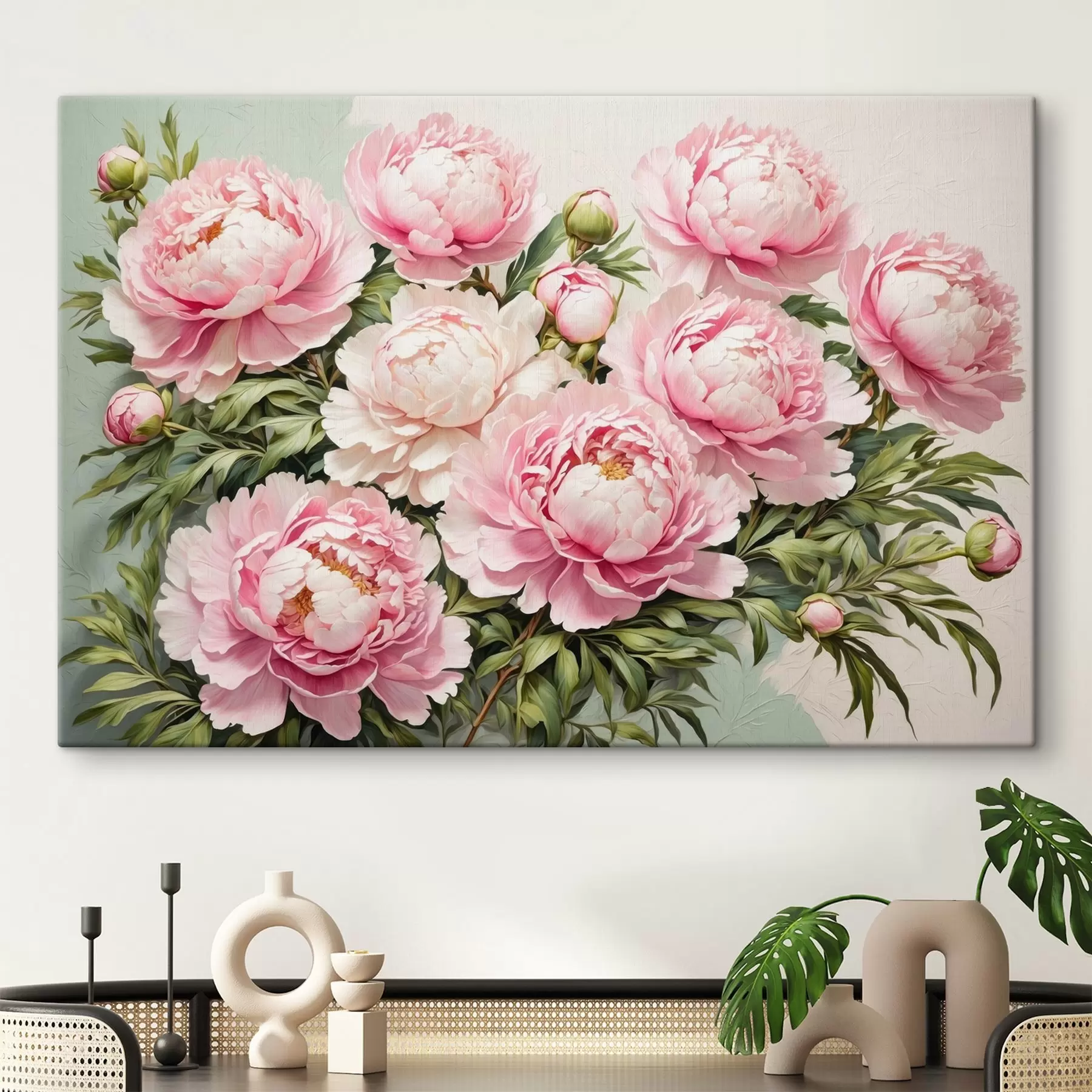 murales de pared Flores y hojas rosas sobre fondo azul-blanco s40074