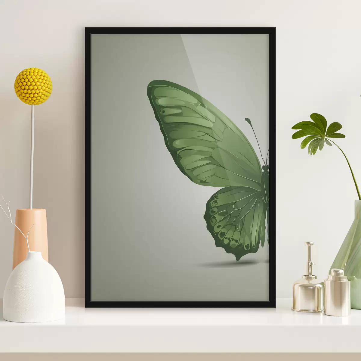 Poster Ala izquierda de mariposa verde sobre fondo blanco f40062