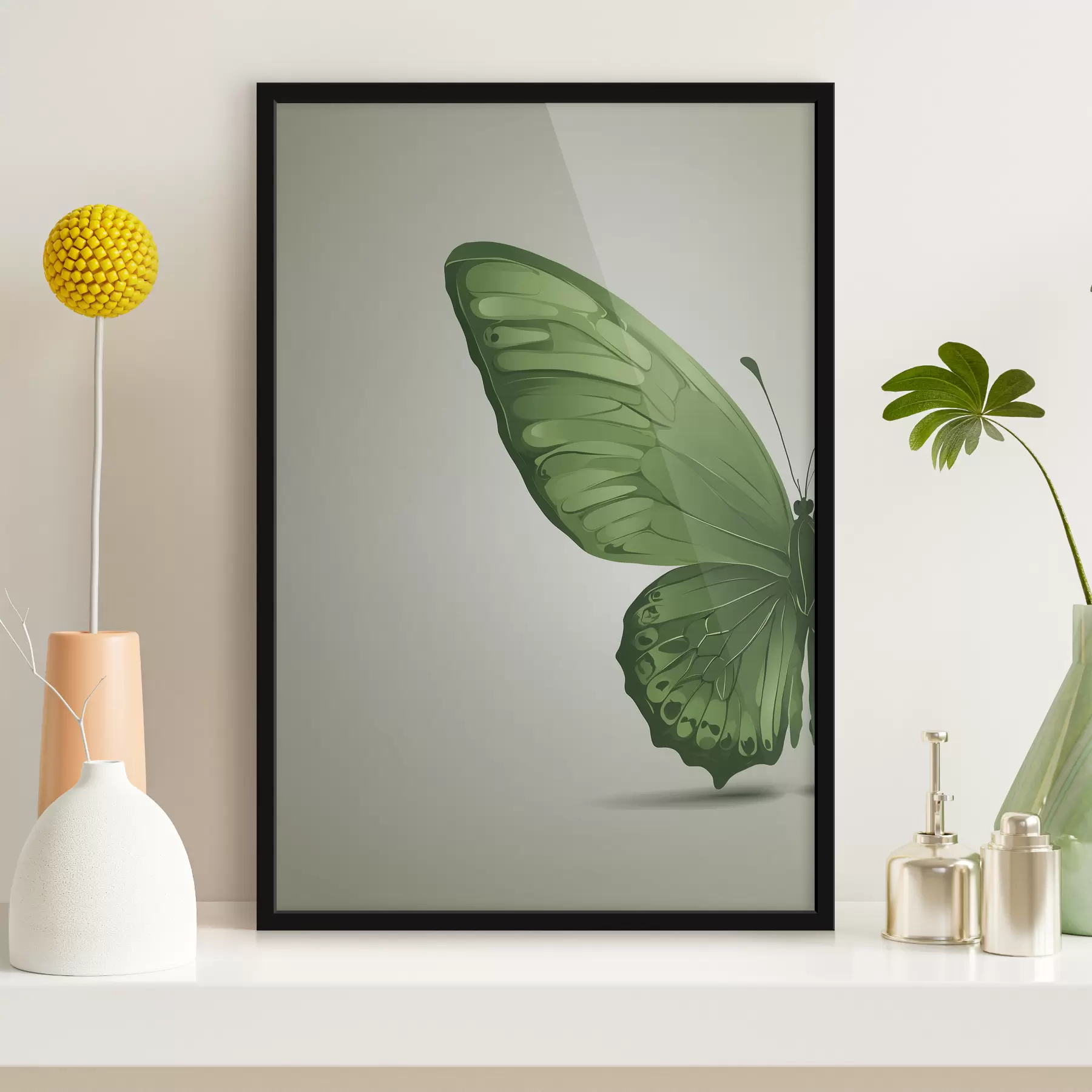 murales de pared Ala izquierda de mariposa verde sobre fondo blanco f40062