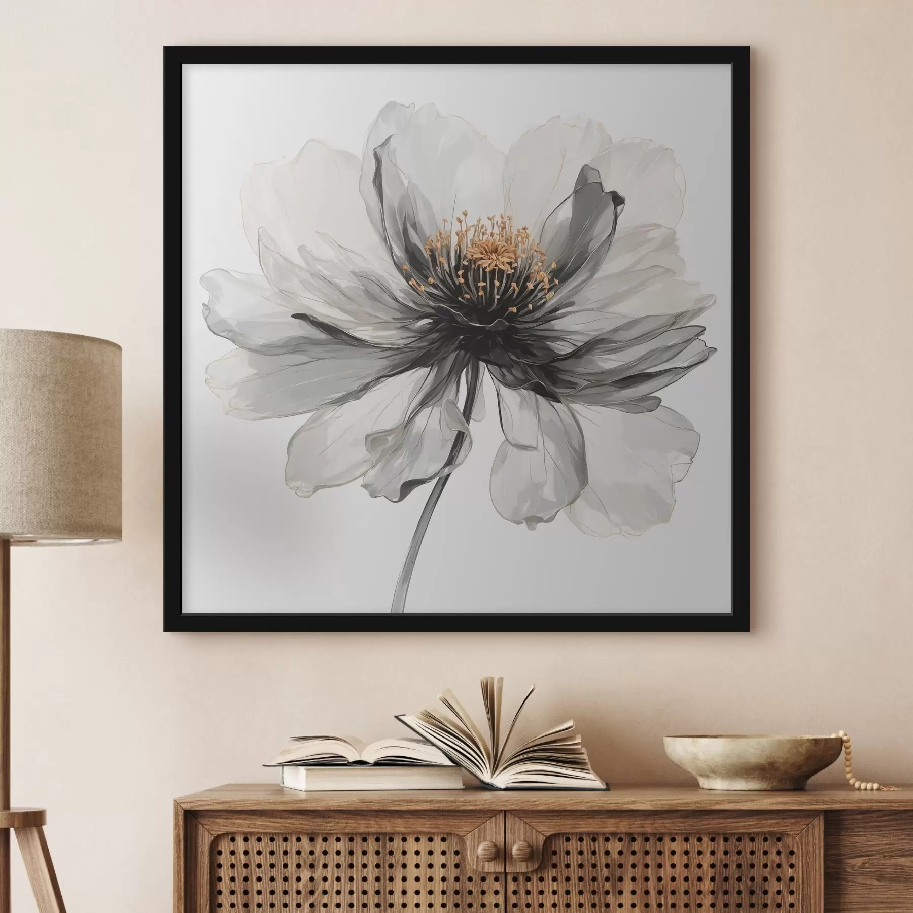 murales de pared Flor negra transparente sobre fondo blanco. f40066