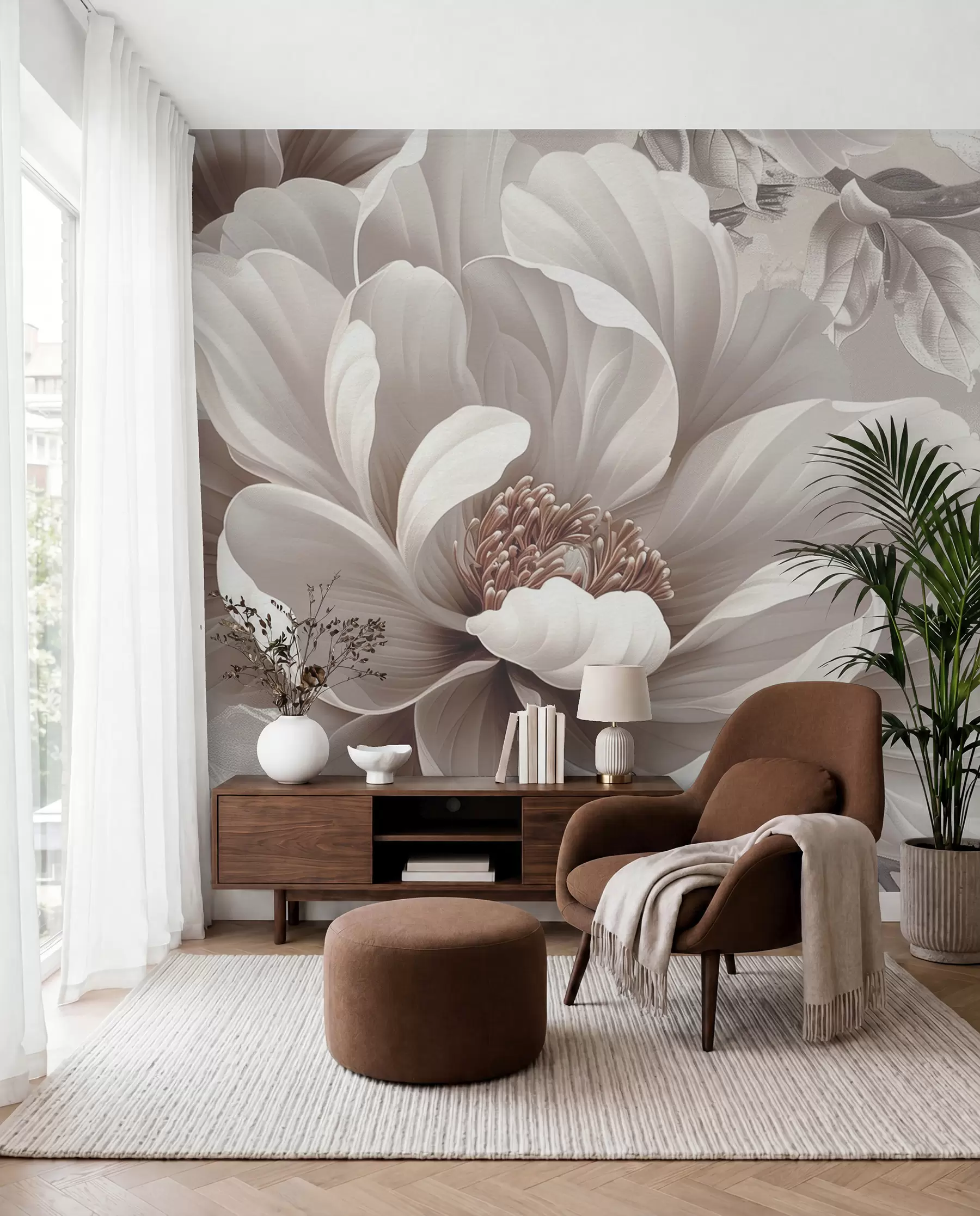 murales de pared Gran flor de color rosa polvoriento en la pared grunge w08181v1