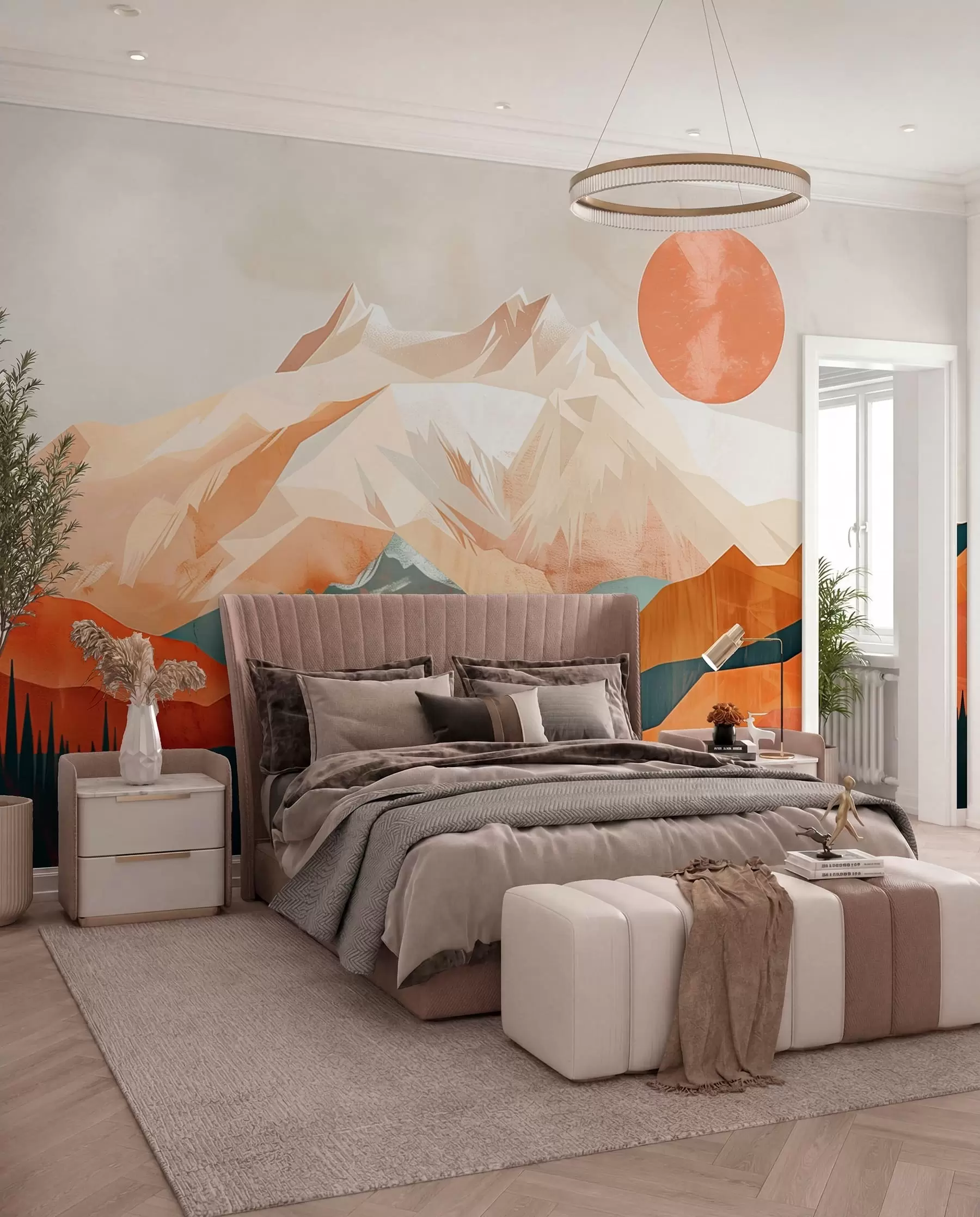 murales de pared Felicidad boho: un paisaje sereno de montañas, árboles y sol w01358