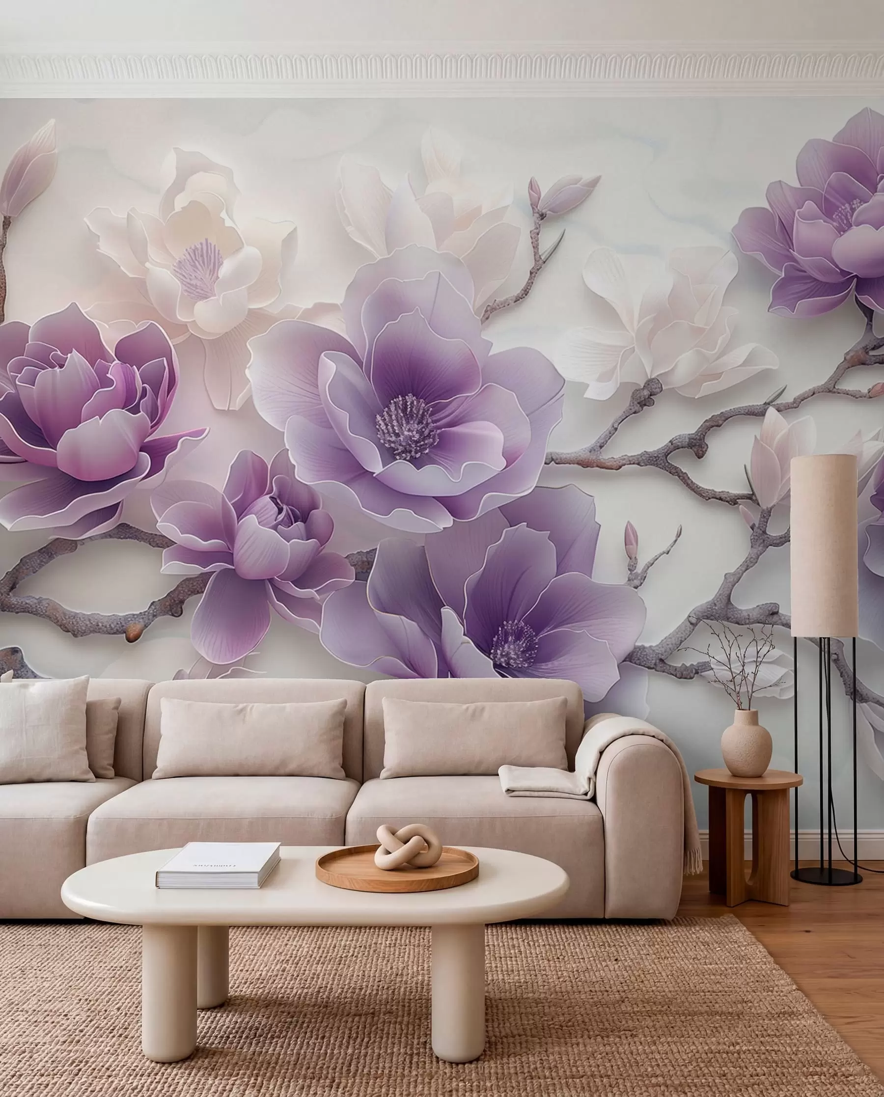 murales de pared Flores de magnolia con relieve morado en una rama elegante w01359