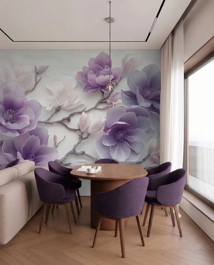 murales de pared Flores de magnolia con relieve morado en una rama elegante w01359