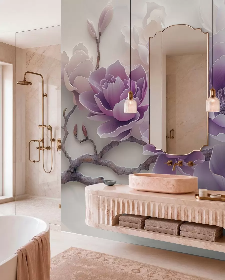 murales de pared Flores de magnolia con relieve morado en una rama elegante w01359