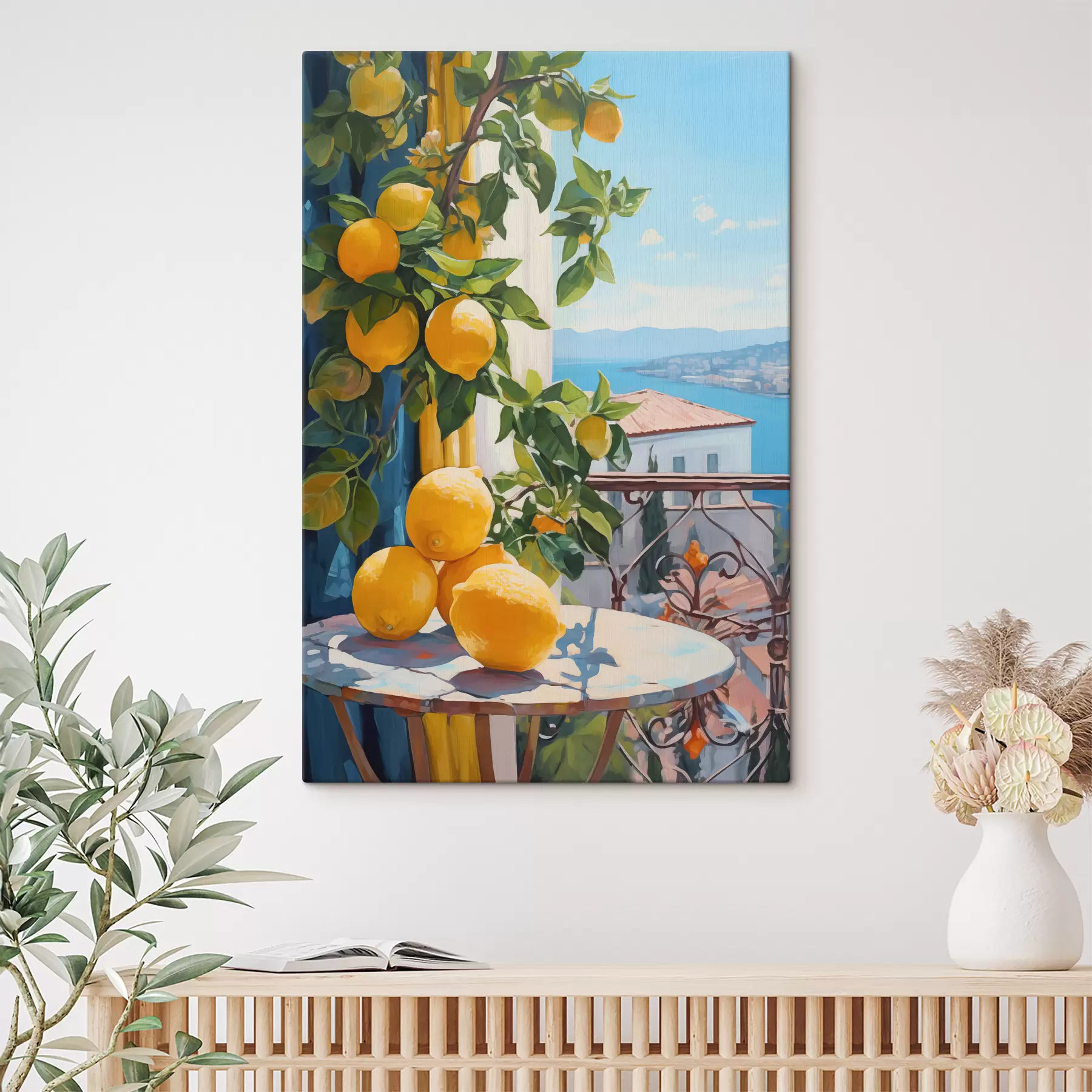 murales de pared Limones en un árbol y una mesa en el balcón de un hotel con vistas al mar, imitación de pintura al óleo s40091