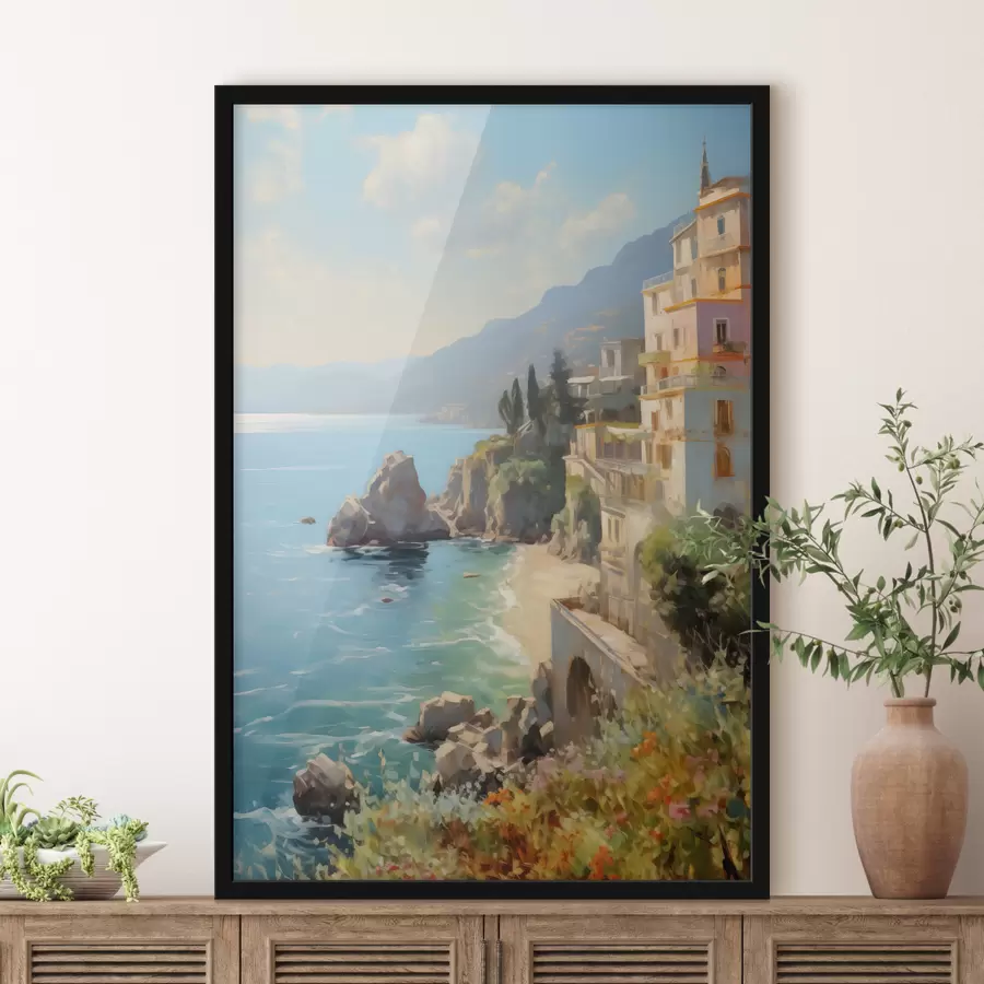 murales de pared Vista de la bahía del mar, montañas en Italia desde el hotel imitación de pintura al óleo f40088