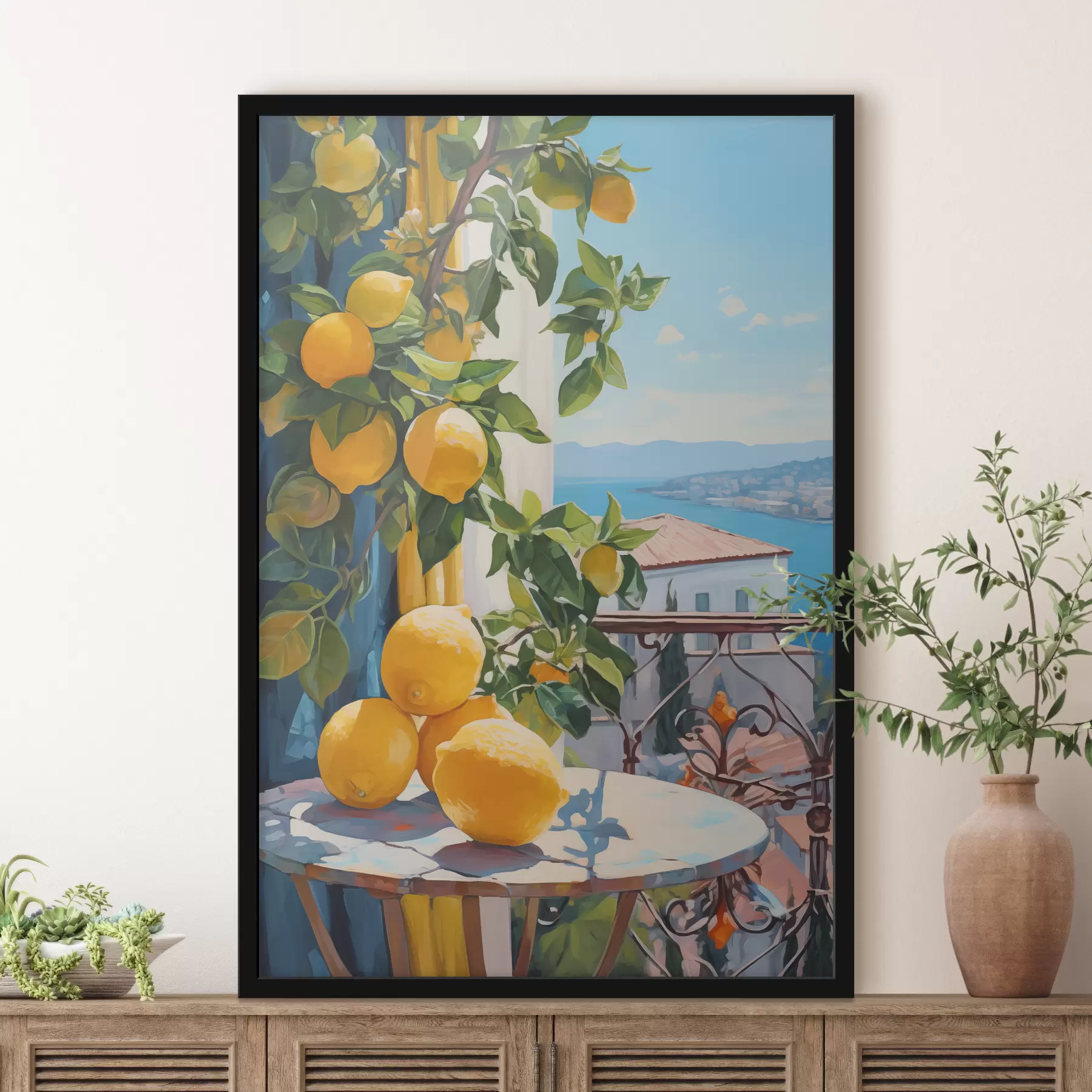 murales de pared Limones en un árbol y una mesa en el balcón de un hotel con vistas al mar, imitación de pintura al óleo f40091