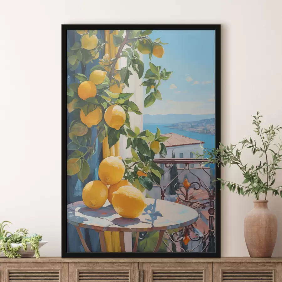 murales de pared Limones en un árbol y una mesa en el balcón de un hotel con vistas al mar, imitación de pintura al óleo f40091