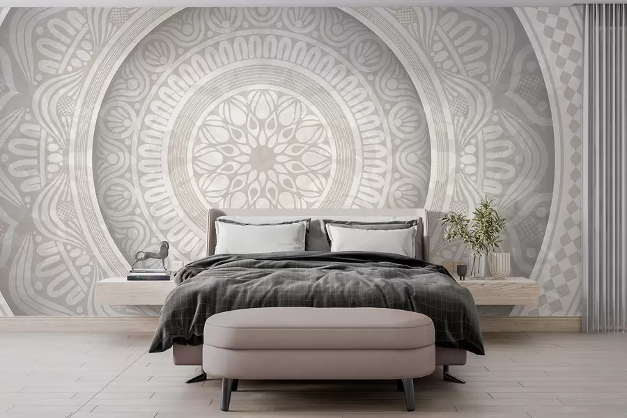murales de pared Un estampado de mandala gris y blanco simétrico y detallado con círculos concéntricos y formas geométricas.   w08182