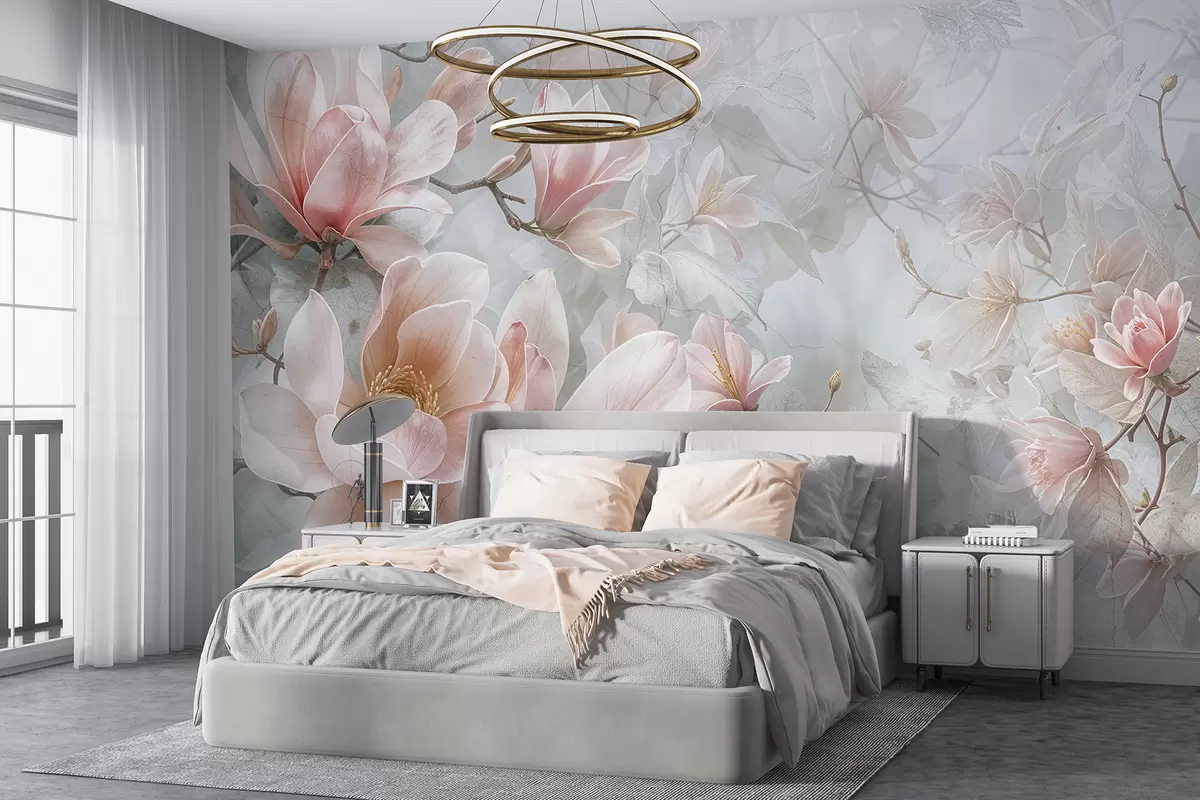 murales de pared Delicadas flores de magnolia rosa que florecen sobre un fondo floral gris suave y borroso w08192