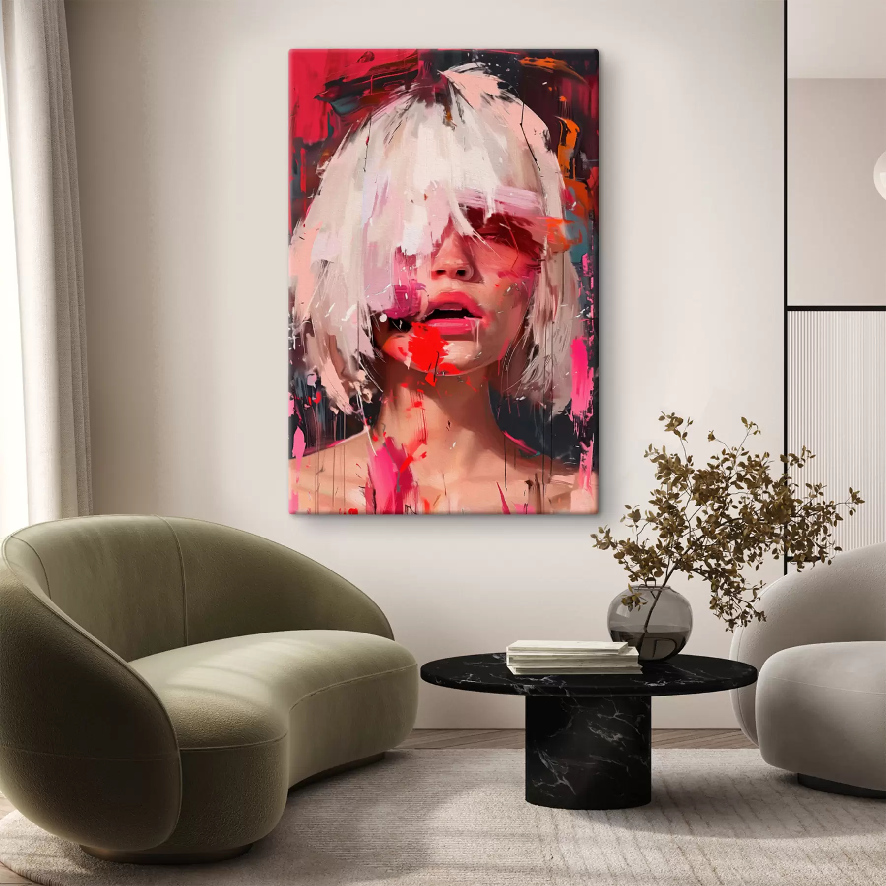 murales de pared Chica rubia con un bob cuadrado y pintura de colores s40110