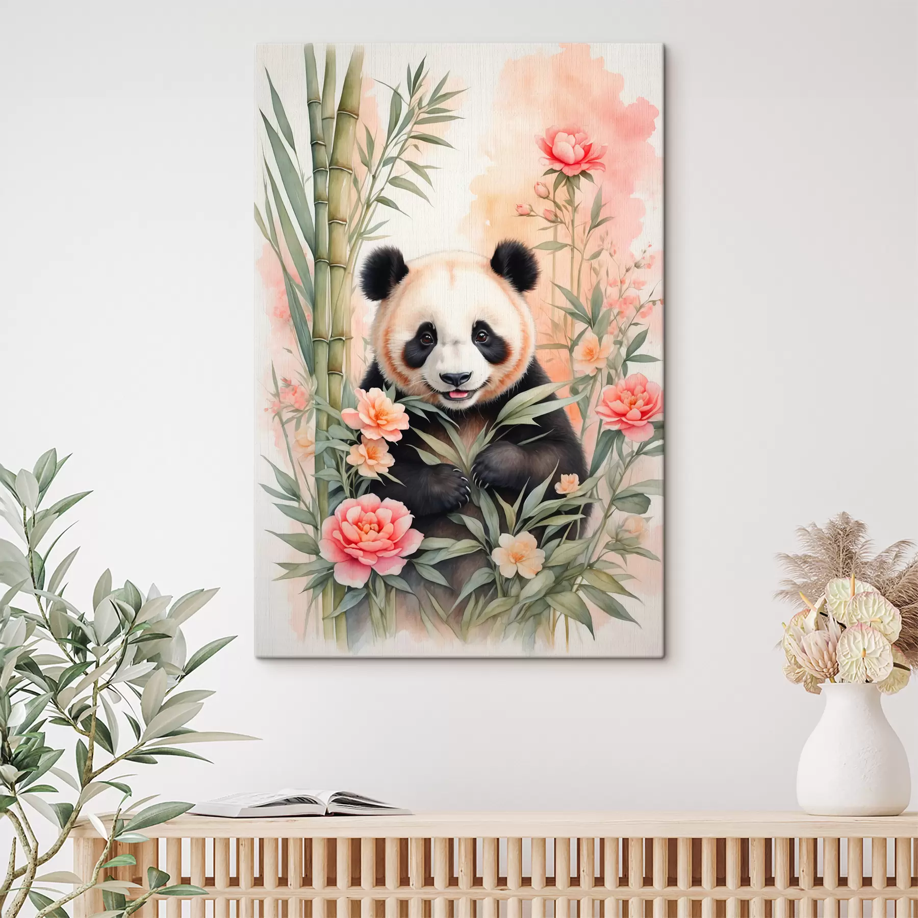 murales de pared Panda con flores y bambú s40125